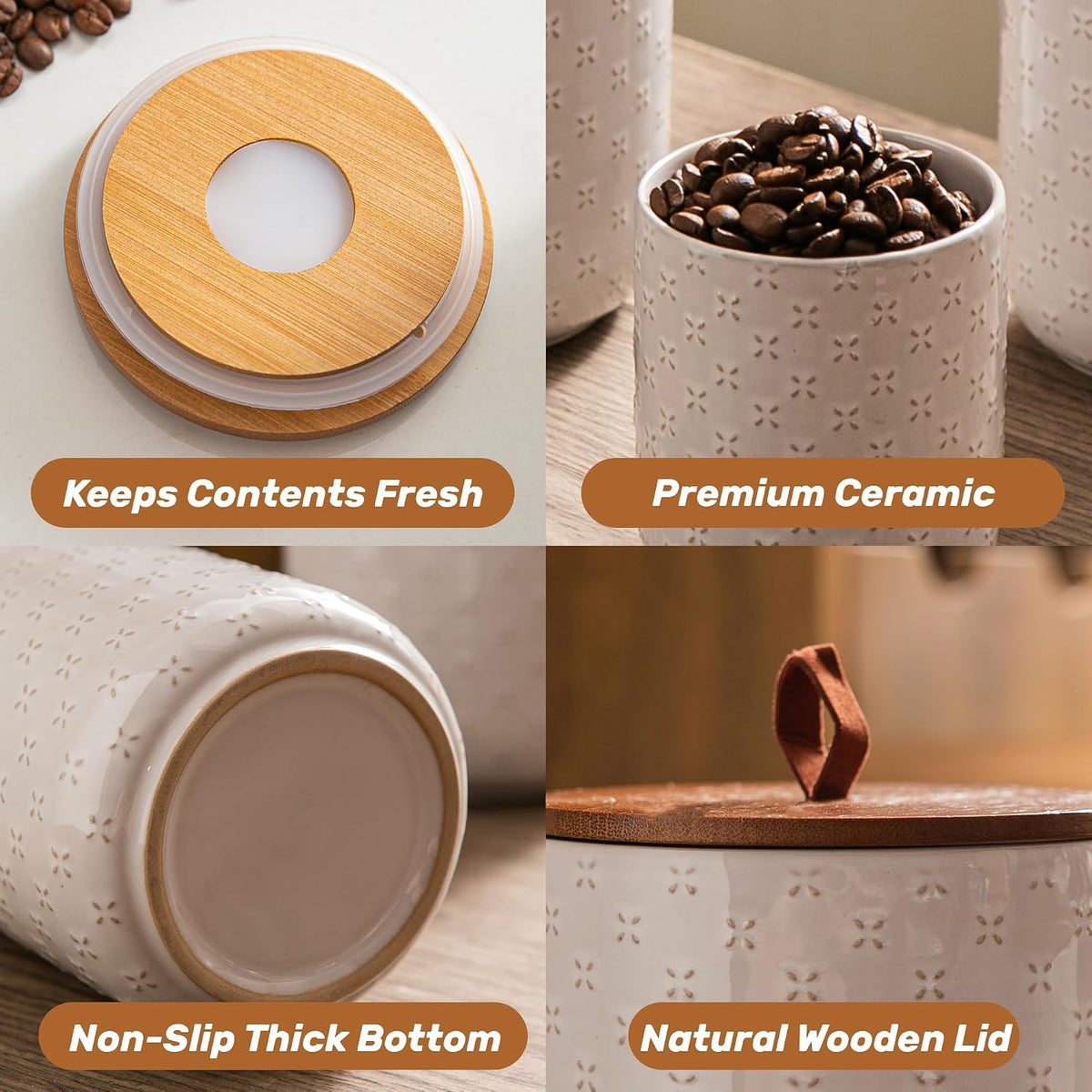 Mowtanco White Embossed Ceramic Canister Set of 3 – Airtight Bamboo Lids, 12/30/48 oz