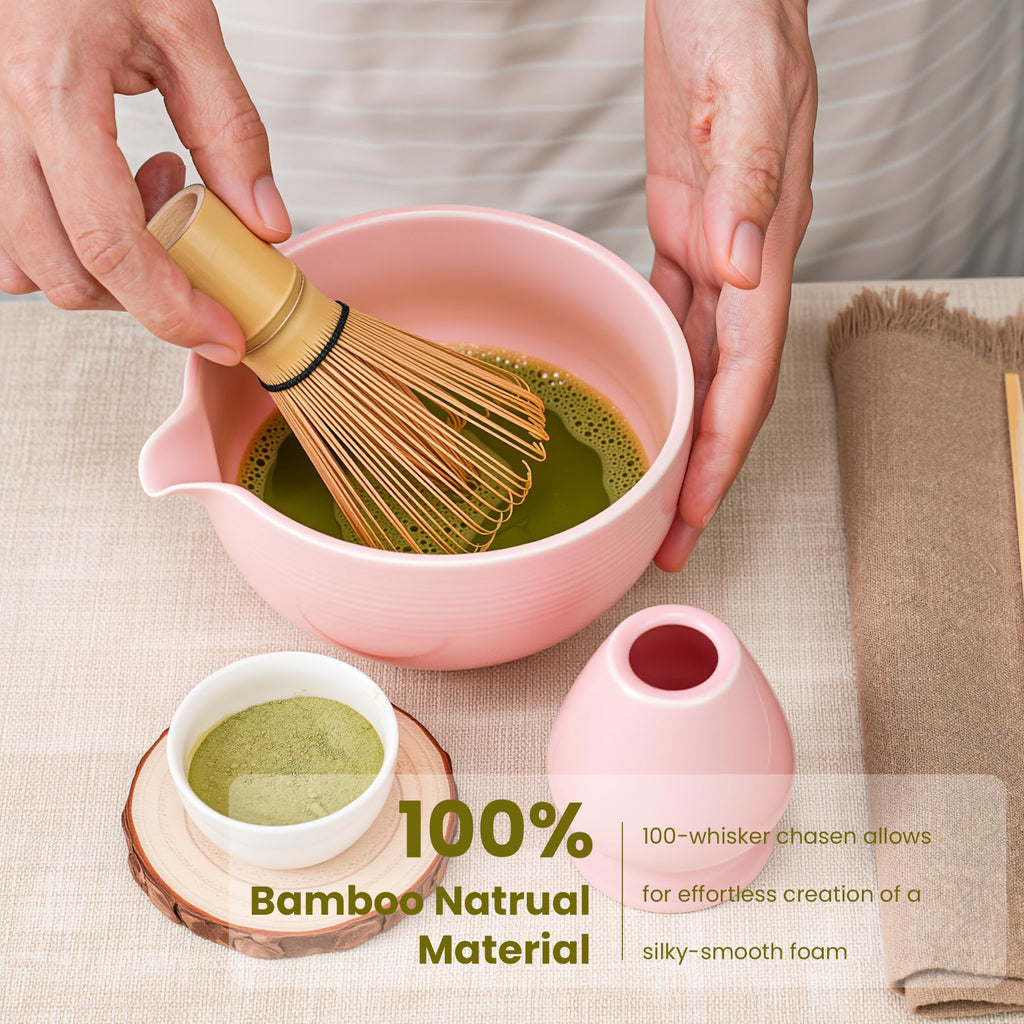 5-Piece Ceramic Matcha Set – Mottled Green Chawan, Handcrafted Bamboo Chasen, Scoop & Holder