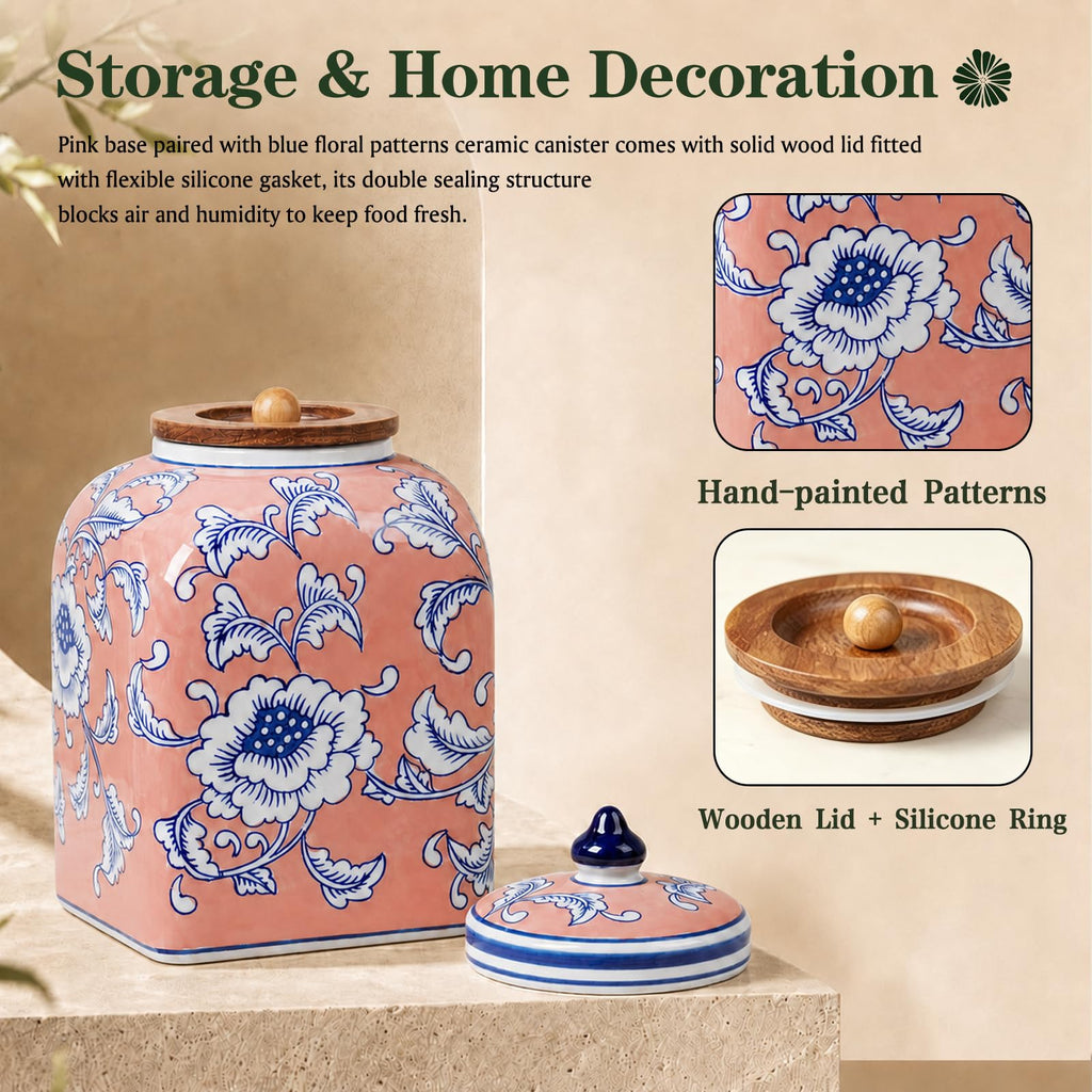 Ceramic Tea & Coffee Canister with Airtight Lid – 10" H, 121 fl oz, Green Peony Chinoiserie