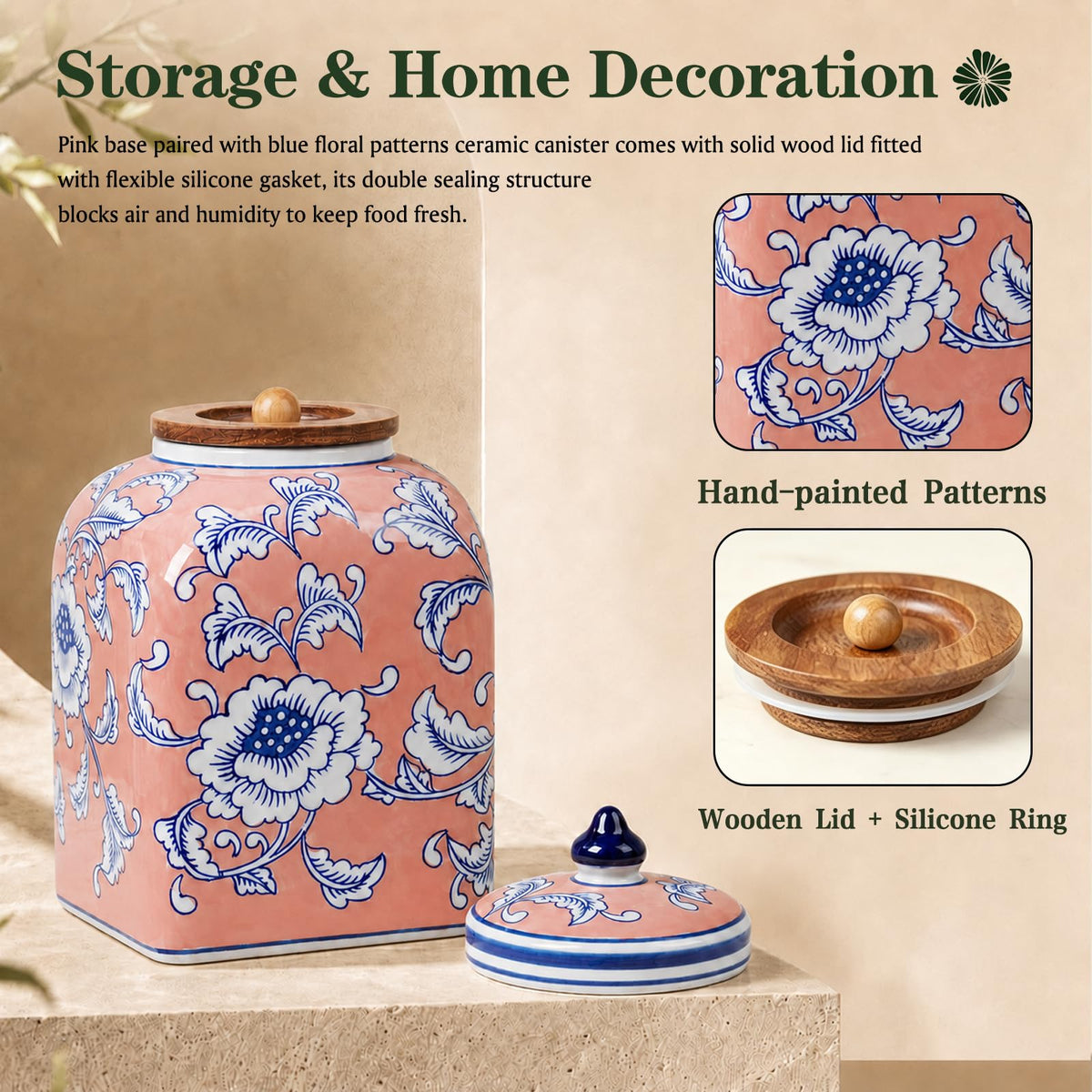 Ceramic Tea & Coffee Canister with Airtight Lid – 10" H, 121 fl oz, Green Peony Chinoiserie