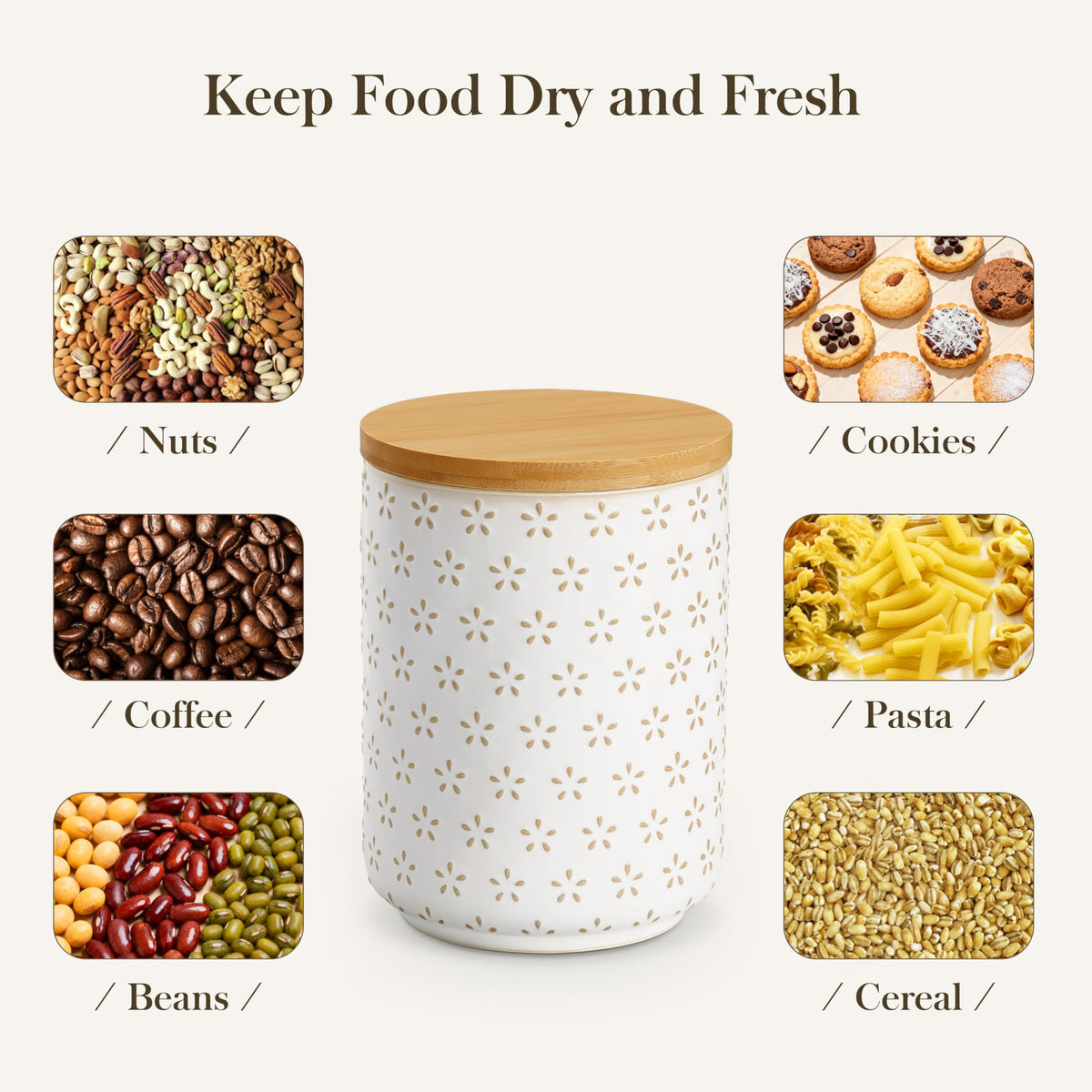 MALACASA LYDIA Ceramic Canister Set of 3 – Hexagon, Airtight Wooden Lids, 20/40/80 oz
