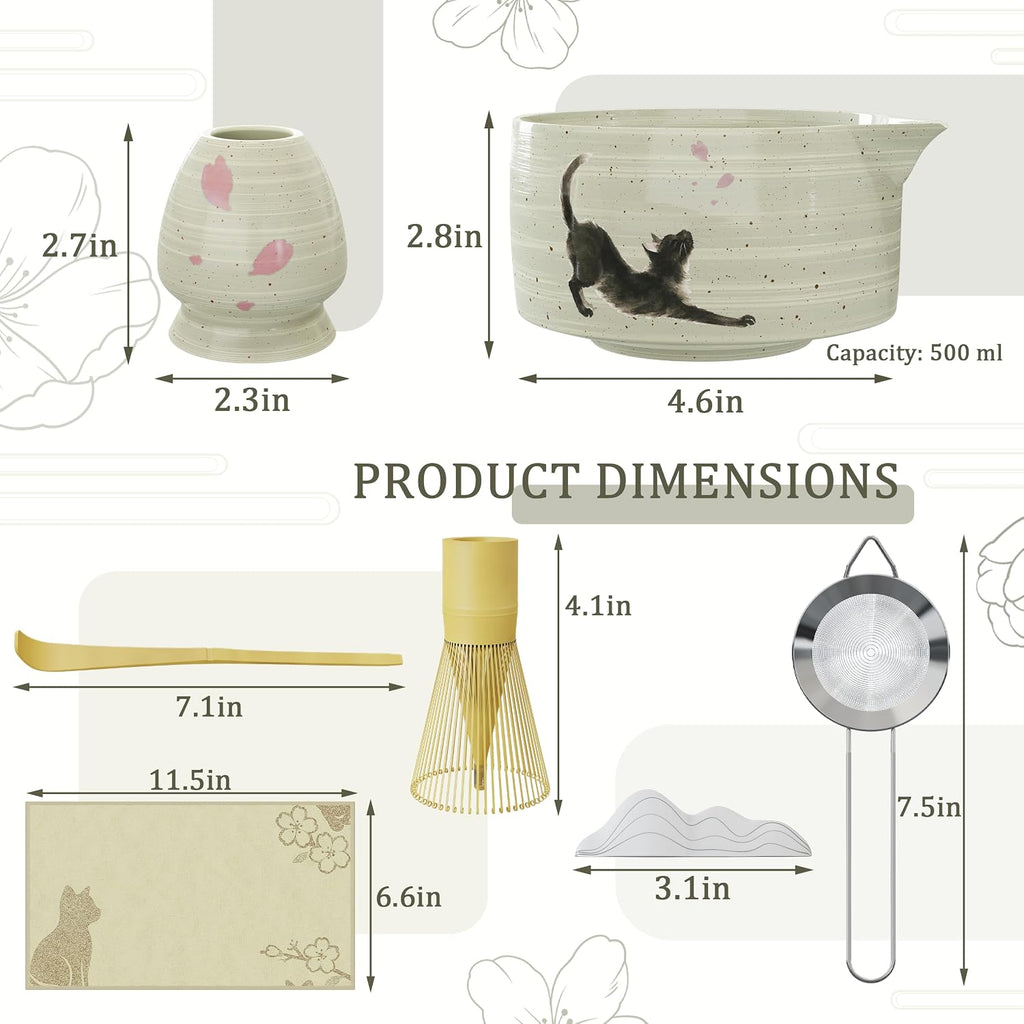 8-Piece Cat Print Matcha Set – Japanese Tea Ceremony Kit with Bamboo Accessories for Home Rituals