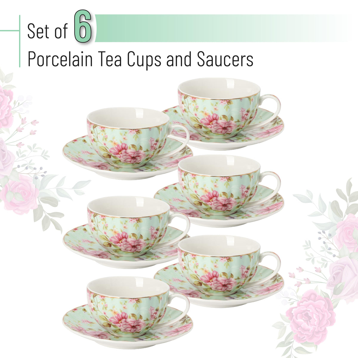 Floral Porcelain Tea Cups & Saucers Set of 6 – Midnight Blue