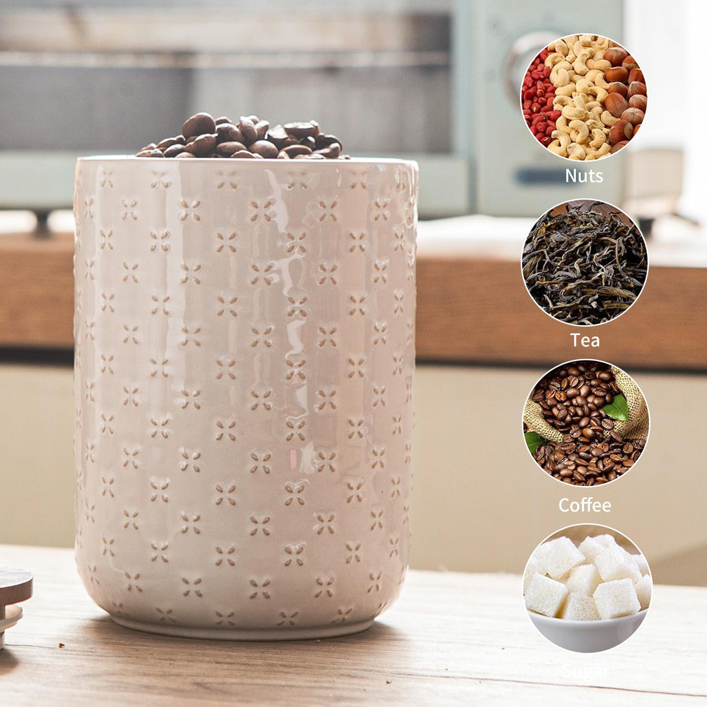 Mowtanco White Embossed Ceramic Canister Set of 3 – Airtight Bamboo Lids, 12/30/48 oz