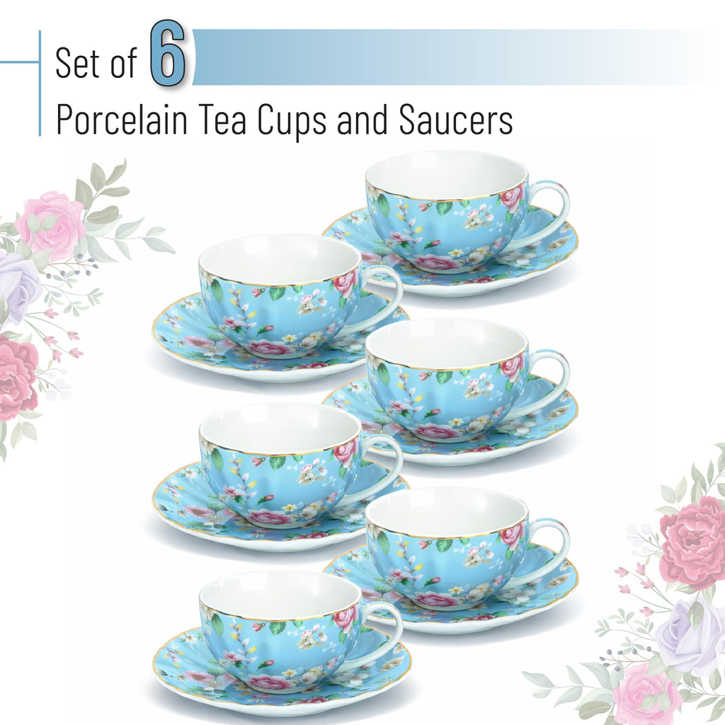 Floral Porcelain Tea Cups & Saucers Set of 6 – Midnight Blue
