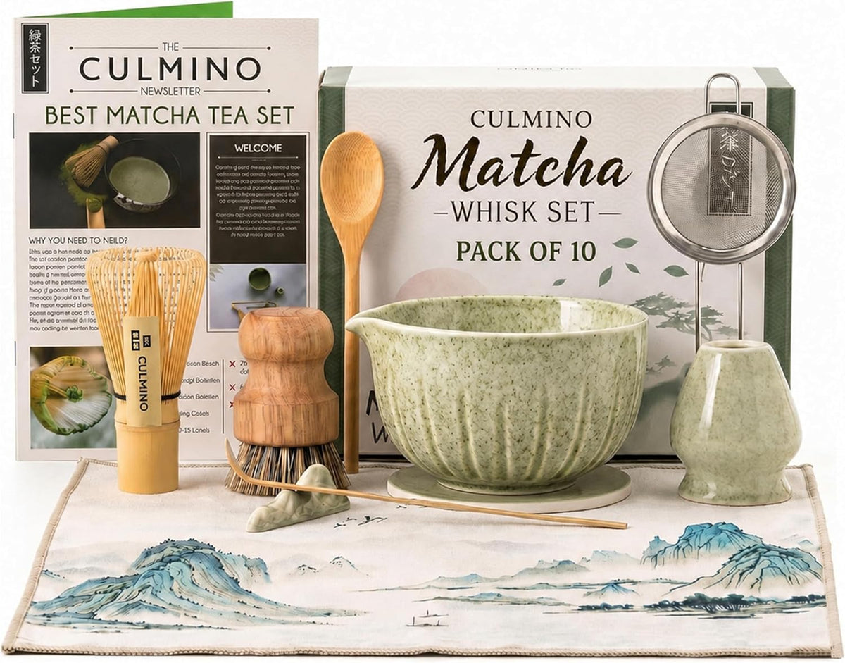 10-Piece Traditional Matcha Set – 450ml Bowl, Whisk, Tea Brush, Cloth & Silicone Coaster