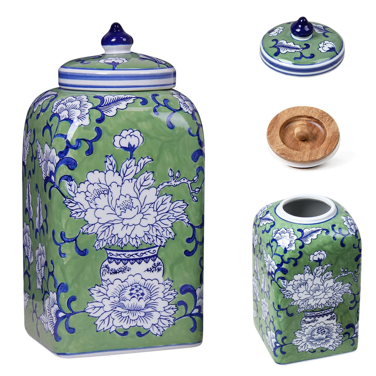 Ceramic Tea & Coffee Canister with Airtight Lid – 10" H, 121 fl oz, Green Peony Chinoiserie