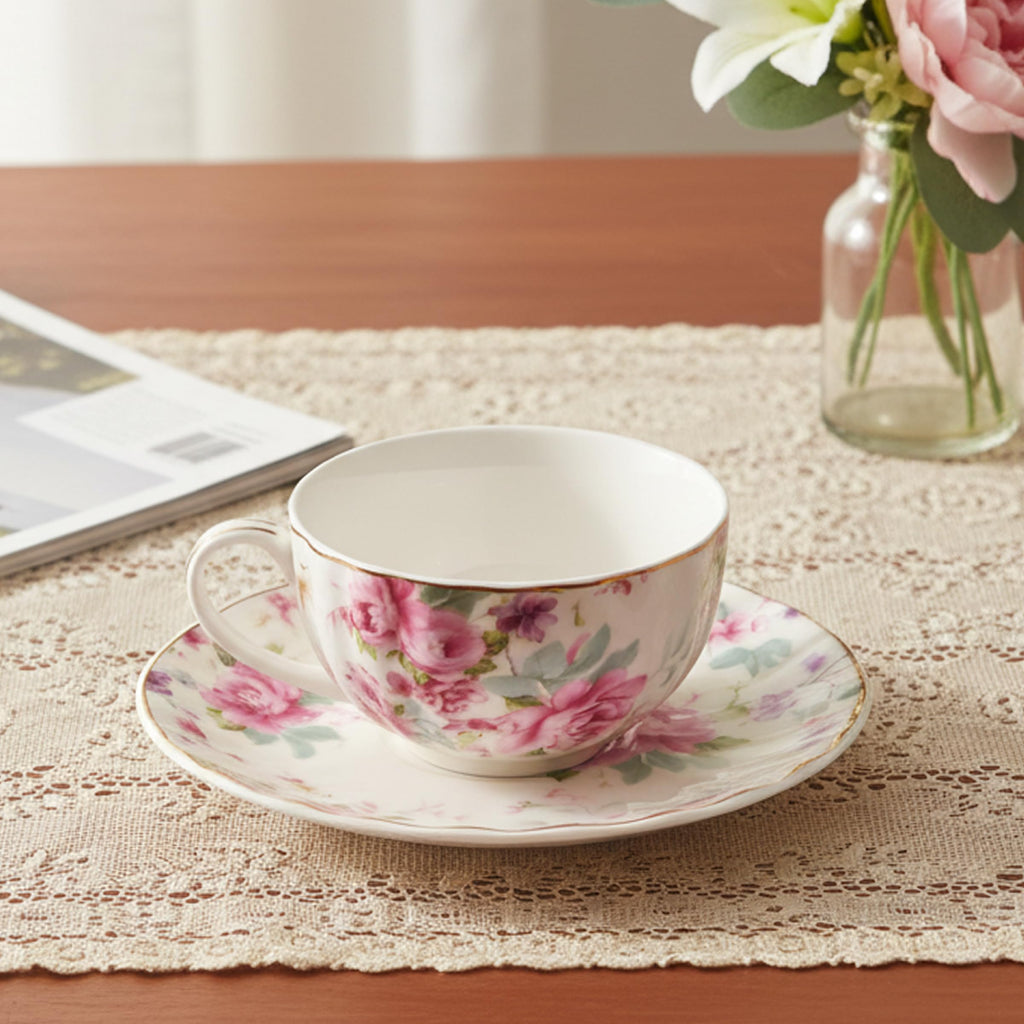 Floral Porcelain Tea Cups & Saucers Set of 6 – Midnight Blue