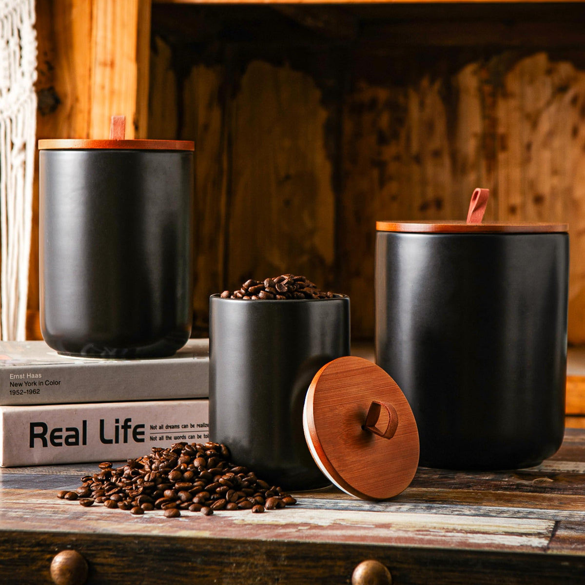 JOJUNO Black Embossed Ceramic Canister Set of 3 – Airtight Bamboo Lids, 30/48/82 oz