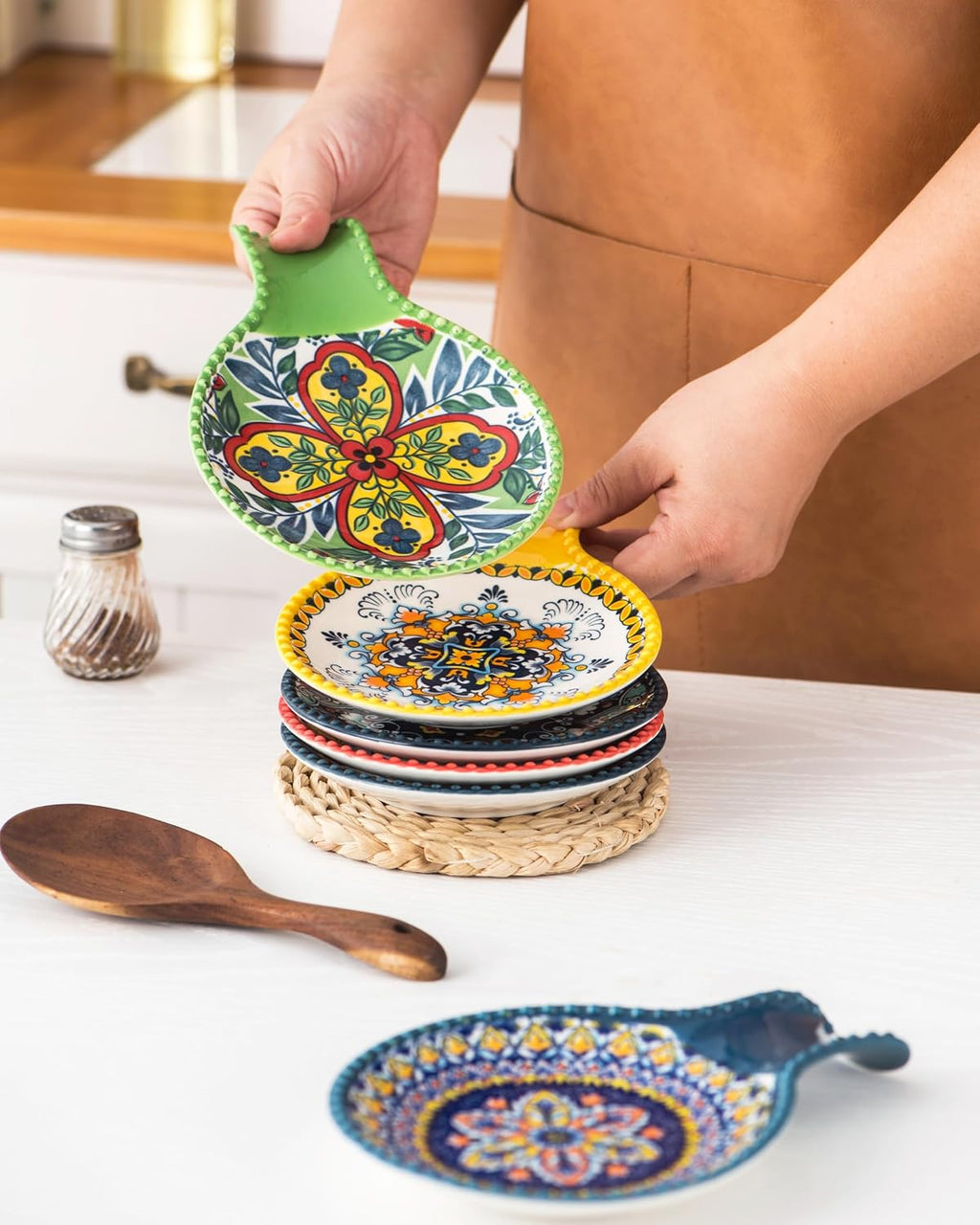 Ceramic Spoon Rest Set of 6 – Assorted Bohemian Patterns, 7.75", Dishwasher Safe