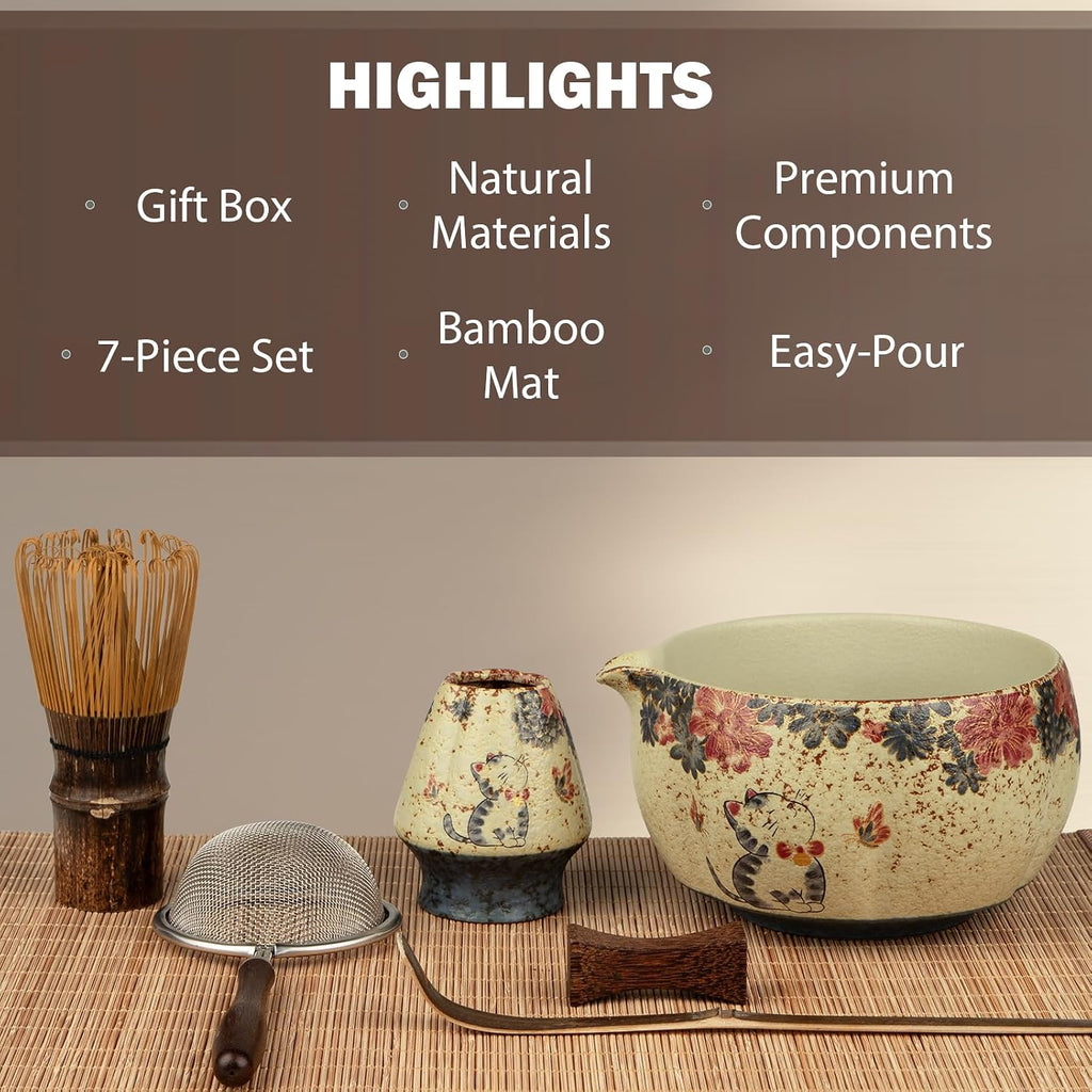 7-Piece Matcha Set – Floral Bowl & Purple Bamboo Whisk