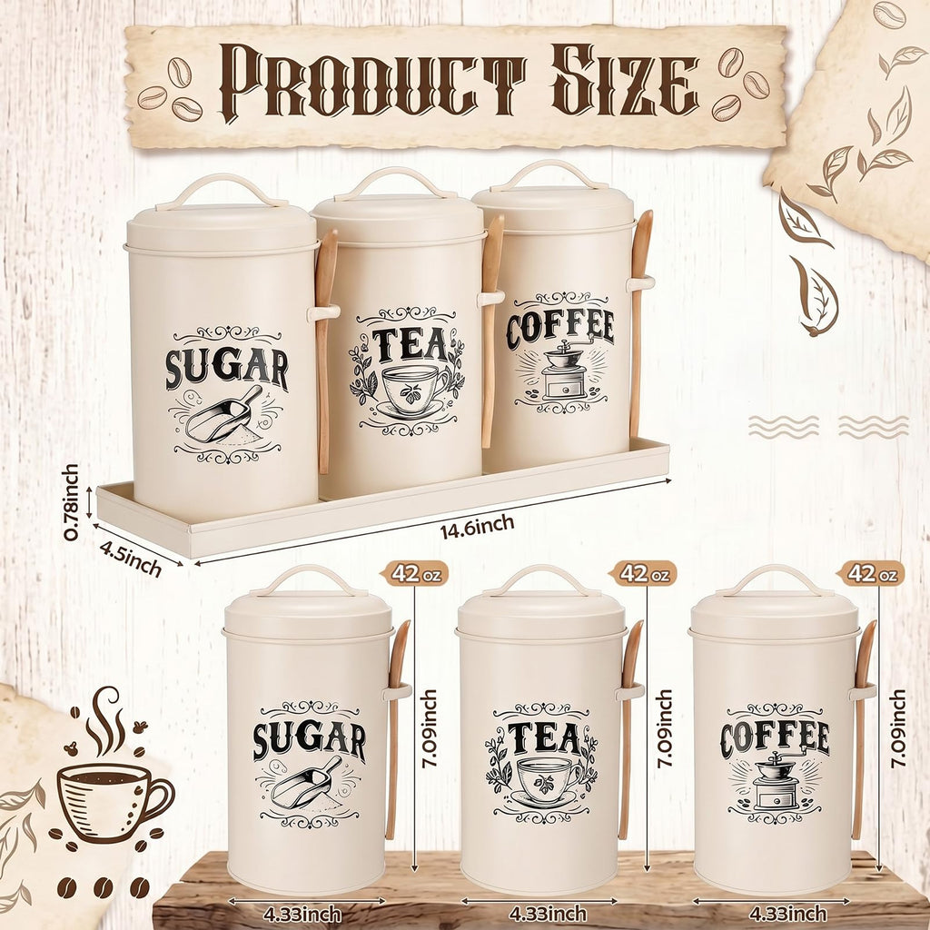 White Coffee, Tea & Sugar Canister Set of 3 with Tray & Wood Scoops – Metal, Airtight, Farmhouse