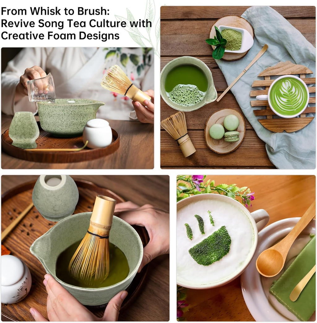 5-Piece Matcha Whisk Set – Green Ceramic Chawan, Bamboo Whisk, Scoop & Sifter