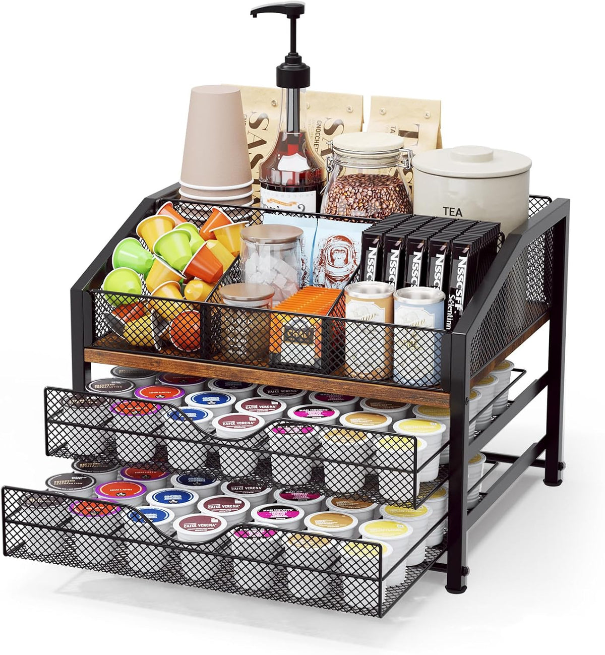 Homsorout Coffee Bar Organizer – Metal & Wood, Black and Brown
