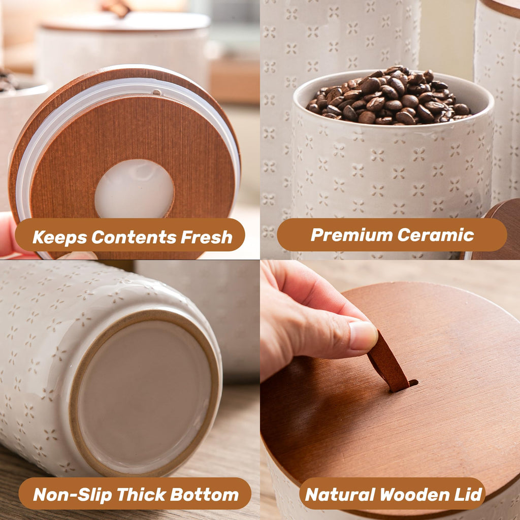 Mowtanco White Embossed Ceramic Canister Set of 3 – Airtight Bamboo Lids, 12/30/48 oz