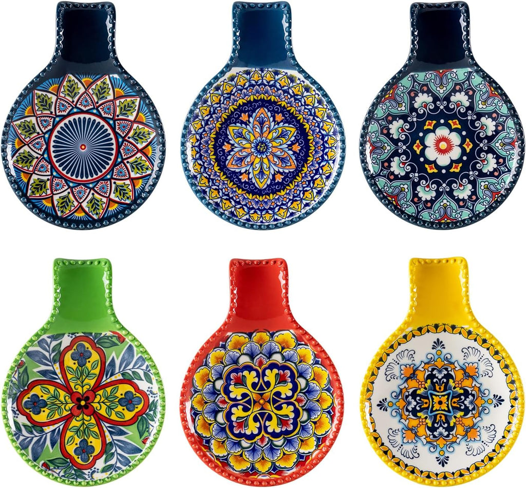 Ceramic Spoon Rest Set of 6 – Assorted Bohemian Patterns, 7.75", Dishwasher Safe
