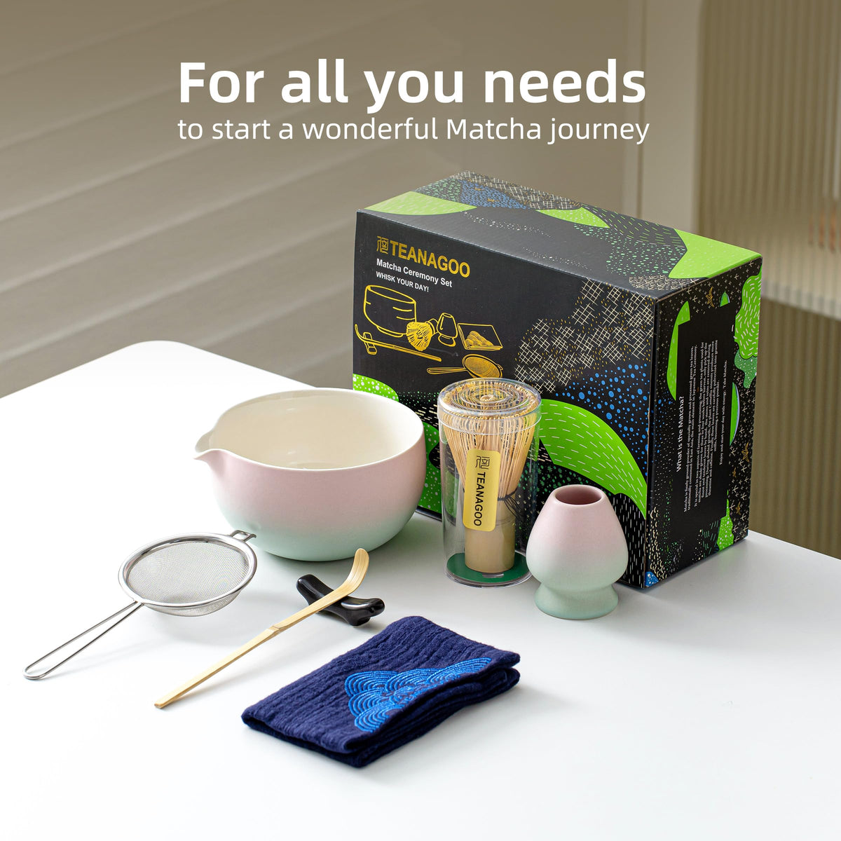 TEANAGOO 7-Piece Black Matcha Set – Ceramic Chawan, Whisk, Holder & Sifter for Ceremony & Latte