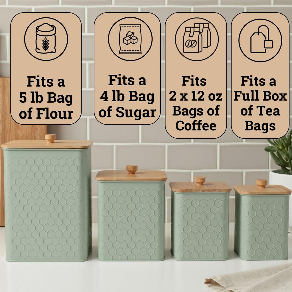Honeycomb Metal Kitchen Canister Set of 4 – Airtight Bamboo Lids, Matte Black, 1.25–6.5 qt