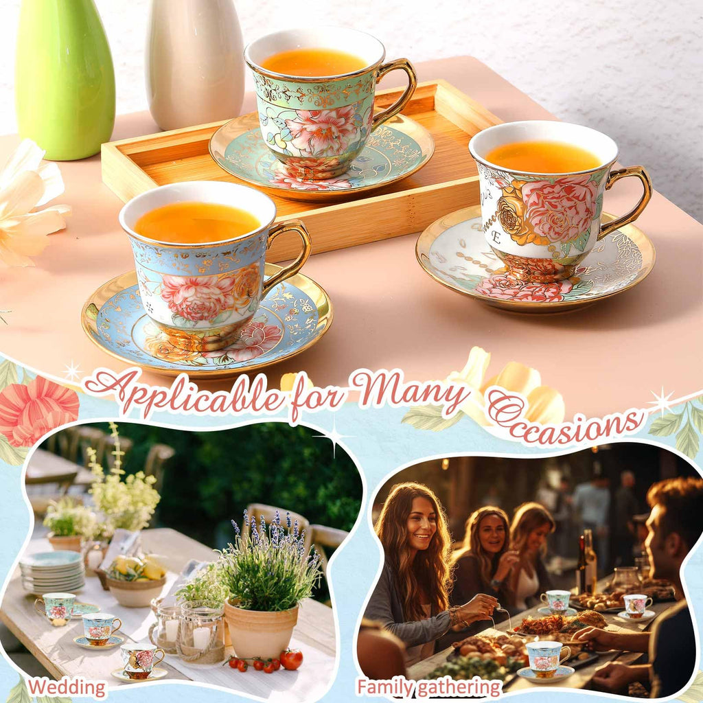 Floral Porcelain Tea Cups & Saucers Set of 18 – 6 Patterns, 5.4 oz