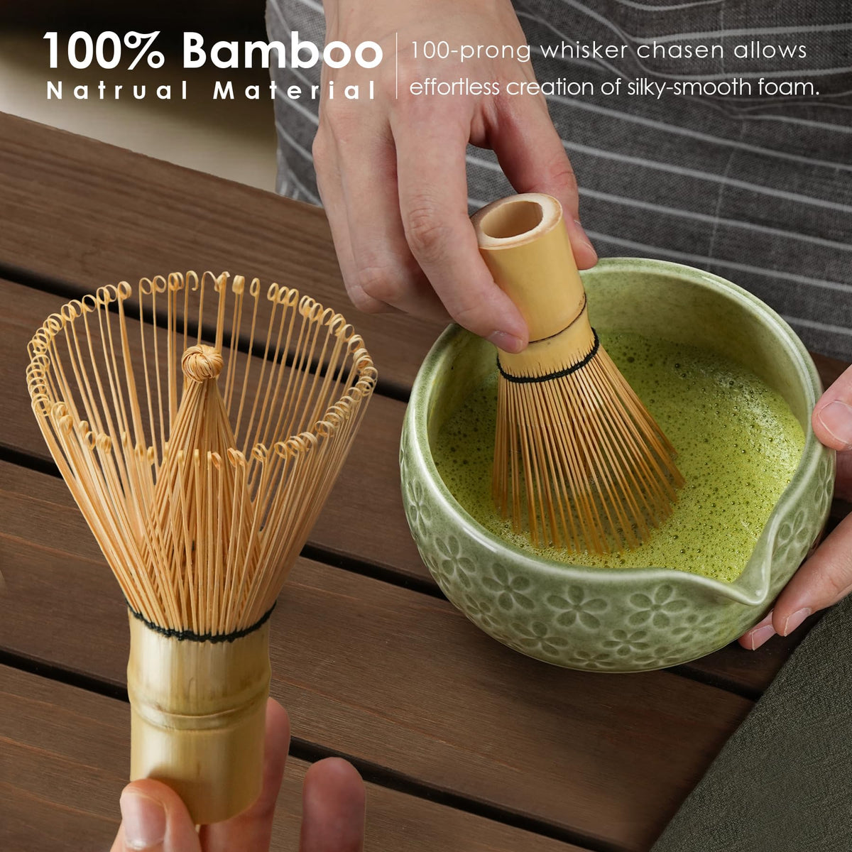 5-Piece Ceramic Matcha Set – Mottled Green Chawan, Handcrafted Bamboo Chasen, Scoop & Holder
