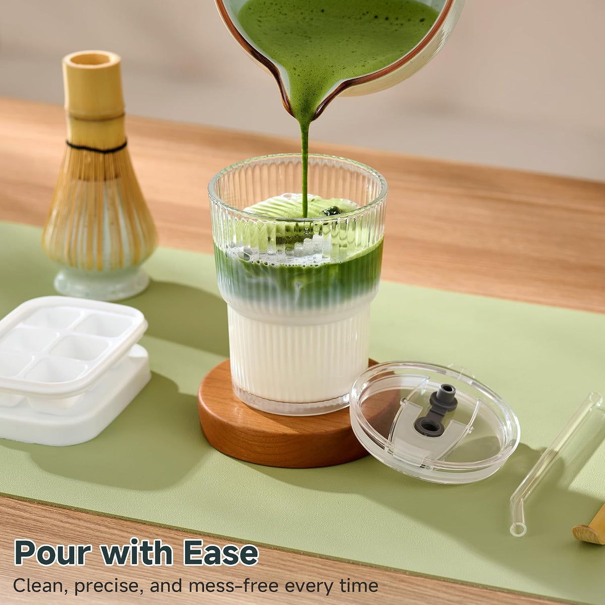 ComboJoy Complete Matcha Kit – Bowl, Whisk, Glass Cup with Straw & Ice Cube Tray for Hot & Iced Matcha
