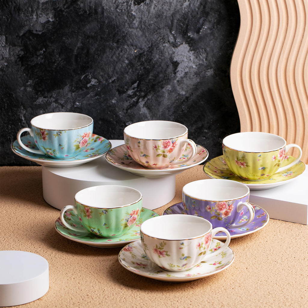 Floral Porcelain Tea Cups & Saucers Set of 6 – Midnight Blue