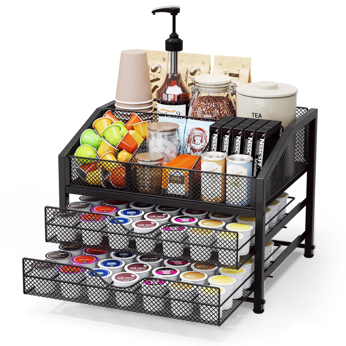 Homsorout Coffee Bar Organizer – Metal & Wood, Black and Brown