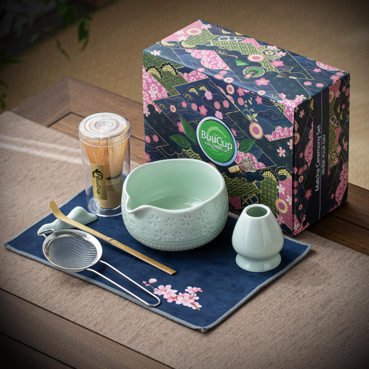 Buucup 7-Piece Green Ceramic Matcha Set – Bowl, Bamboo Whisk, Scoop, Holder, Rest, Sifter & Tea Towel