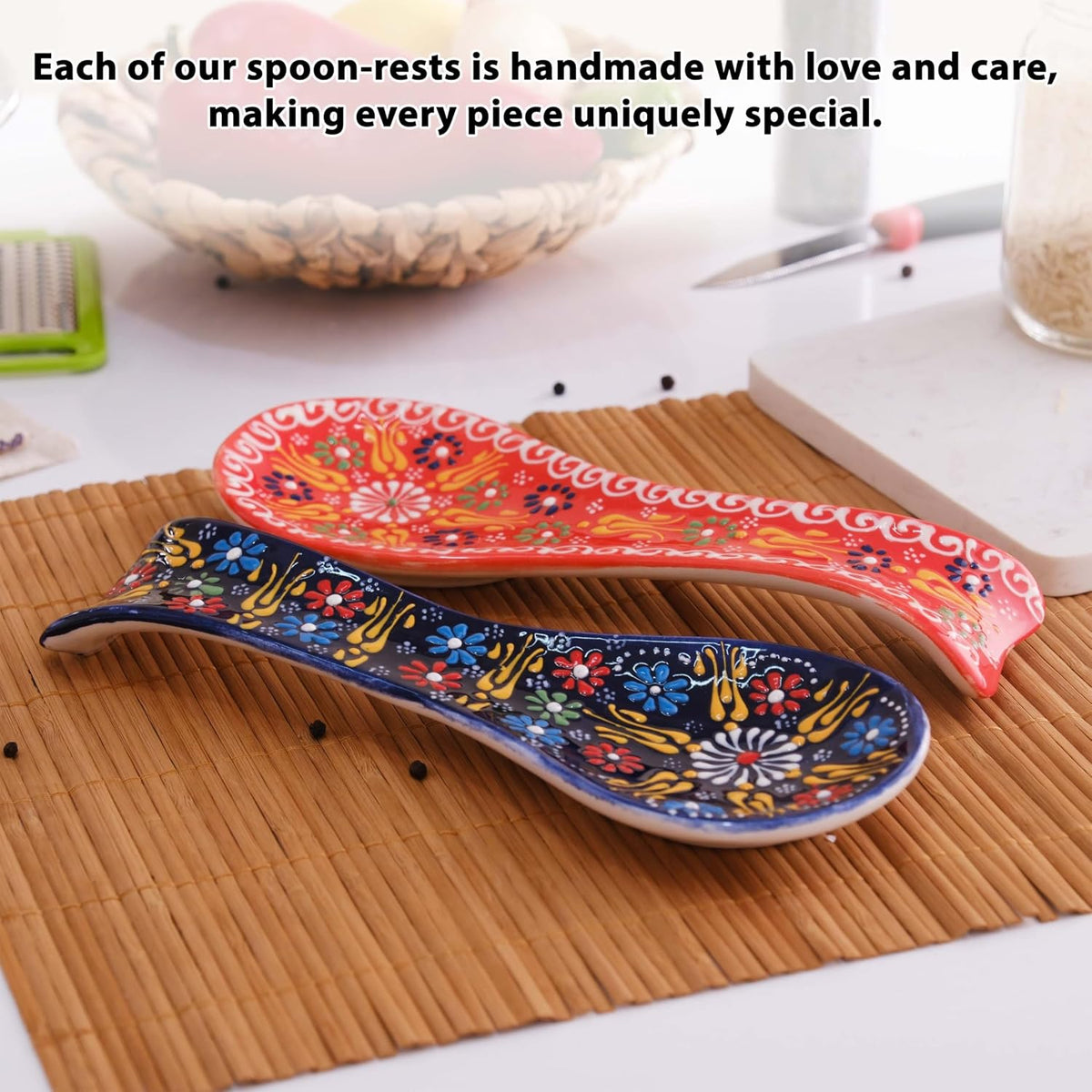 Handmade Ceramic Spoon Rest, Set of 2 – 5", Orange & Navy Blue, Farmhouse Style