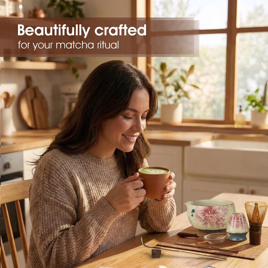 7-Piece Matcha Set – Floral Bowl & Purple Bamboo Whisk