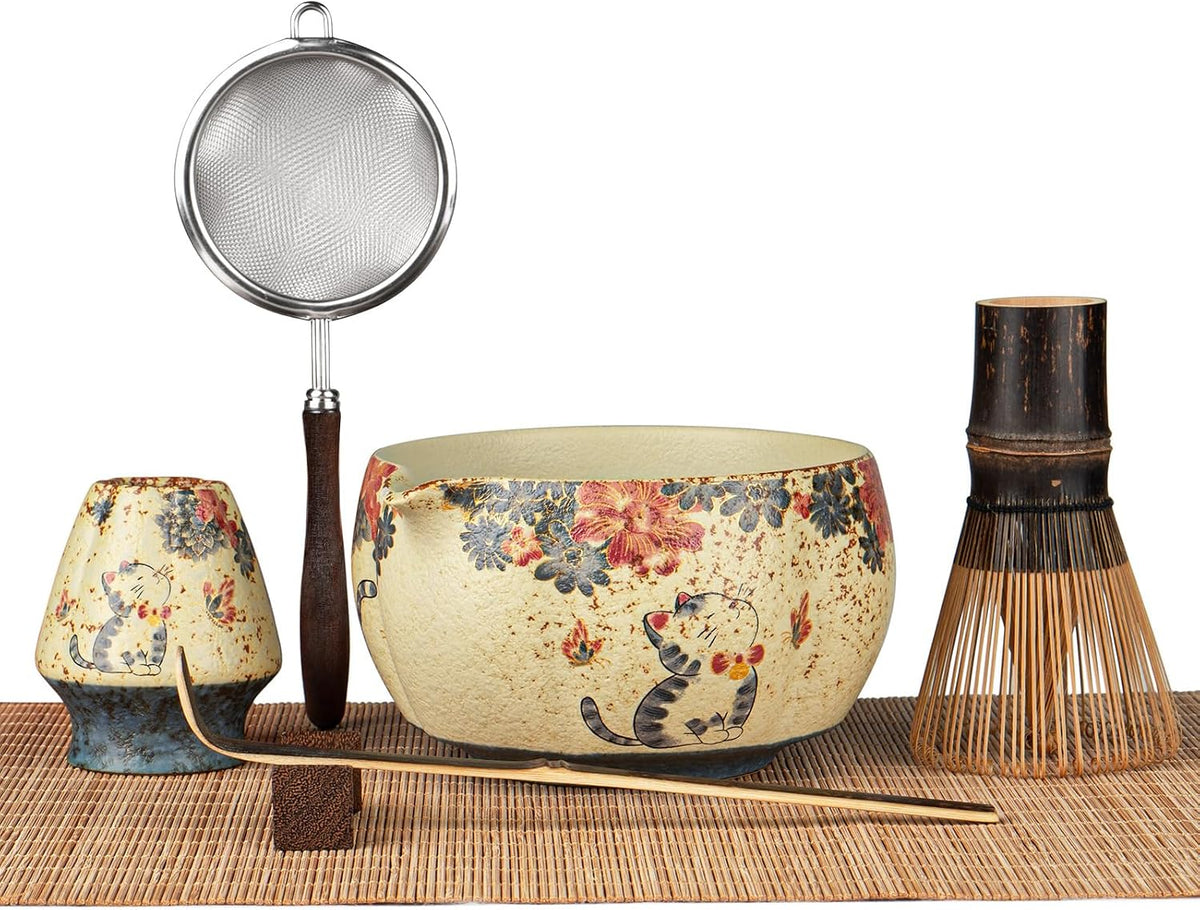 7-Piece Matcha Set – Floral Bowl & Purple Bamboo Whisk