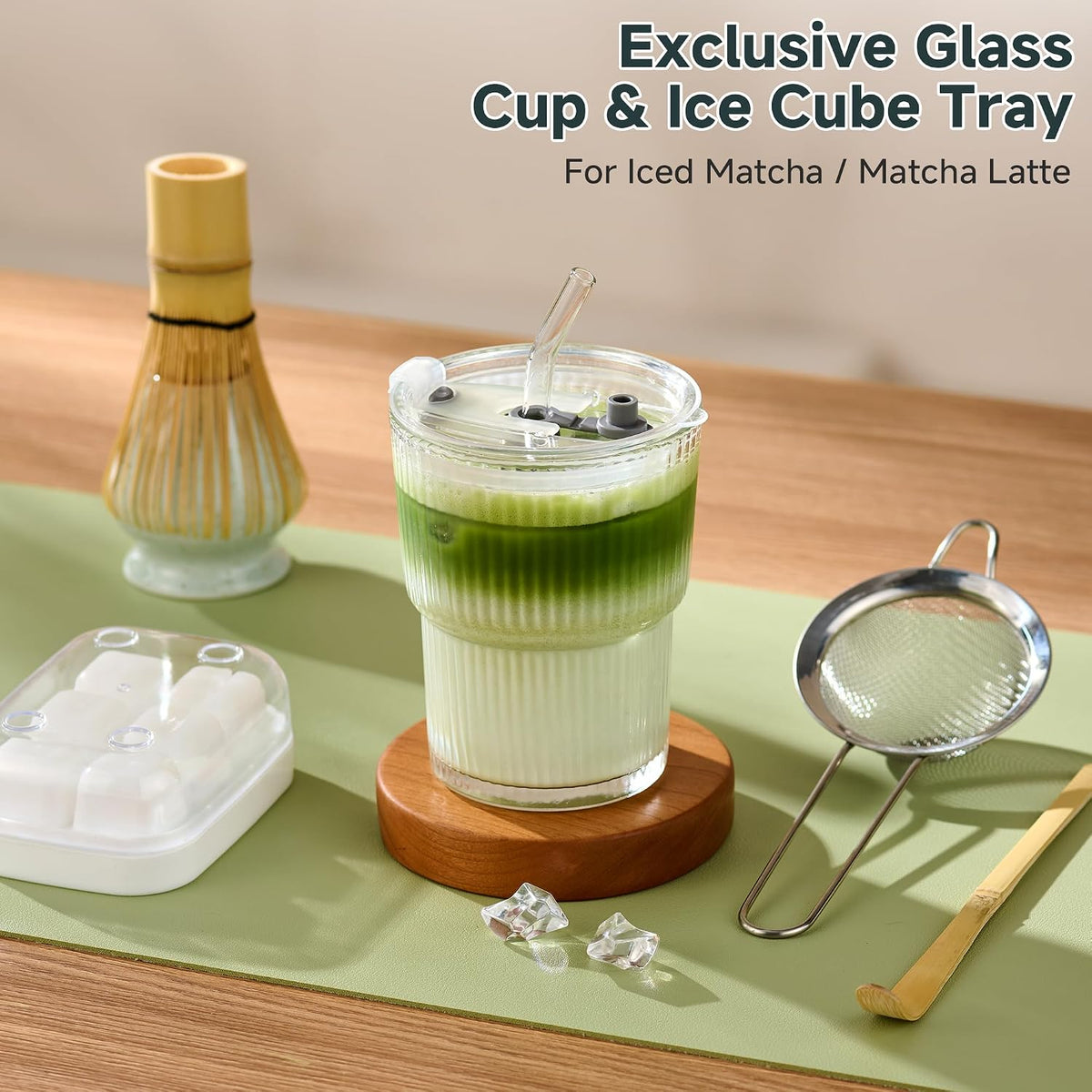 ComboJoy Complete Matcha Kit – Bowl, Whisk, Glass Cup with Straw & Ice Cube Tray for Hot & Iced Matcha