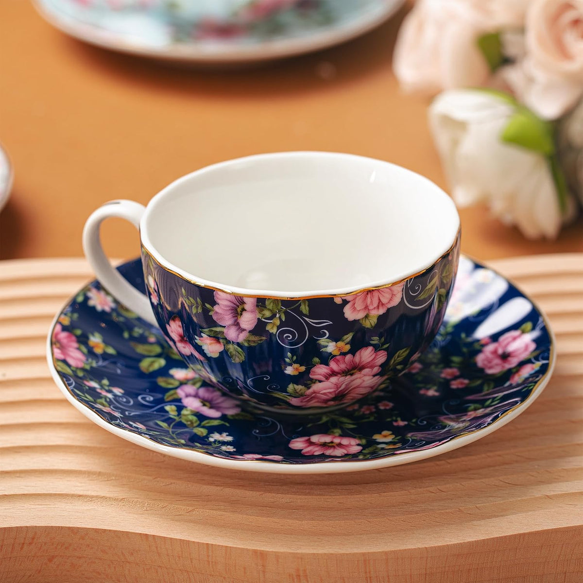 Floral Porcelain Tea Cups & Saucers Set of 6 – Midnight Blue