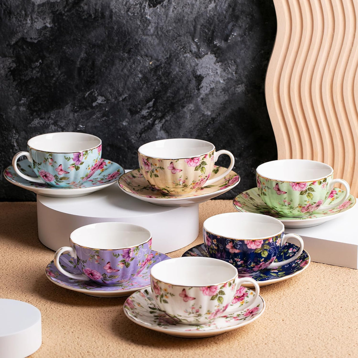 Floral Porcelain Tea Cups & Saucers Set of 6 – Midnight Blue