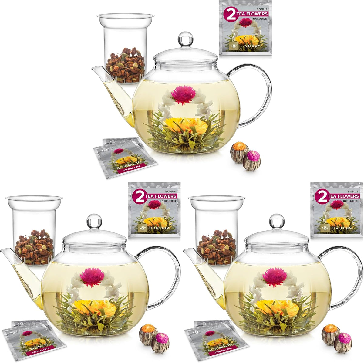 Teabloom Stovetop & Microwave Safe Glass Teapot with Removable Loose Tea Glass Infuser – Includes 2 Blooming Teas – 2-in-1 Tea Kettle and Tea Maker – Tea Purist's Choice