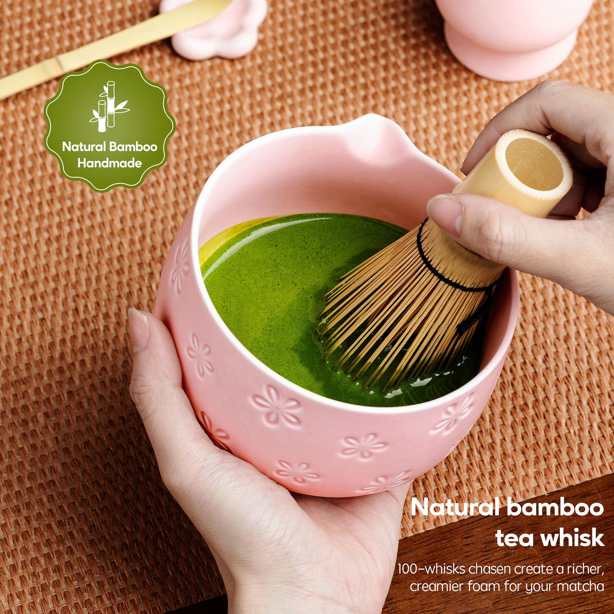 6-Piece Ceramic Matcha Set – Blue Cherry Blossom Bowl, 100-Prong Whisk, Scoop & Sifter