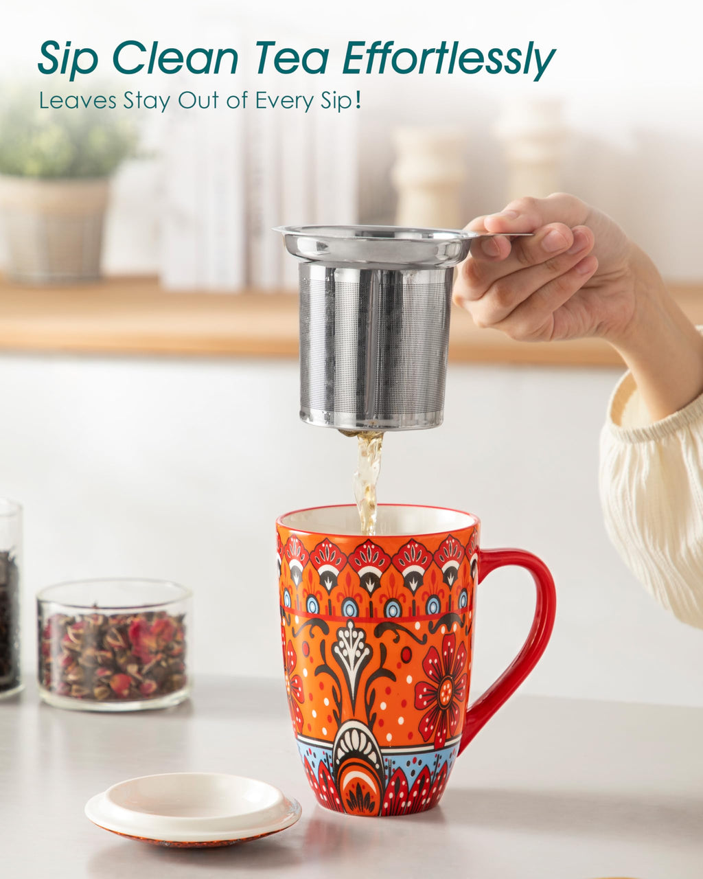 Ceramic Tea Infuser Mug with Lid, 18 oz – Bohemian Forest Daisy Pattern, Microwave & Dishwasher Safe