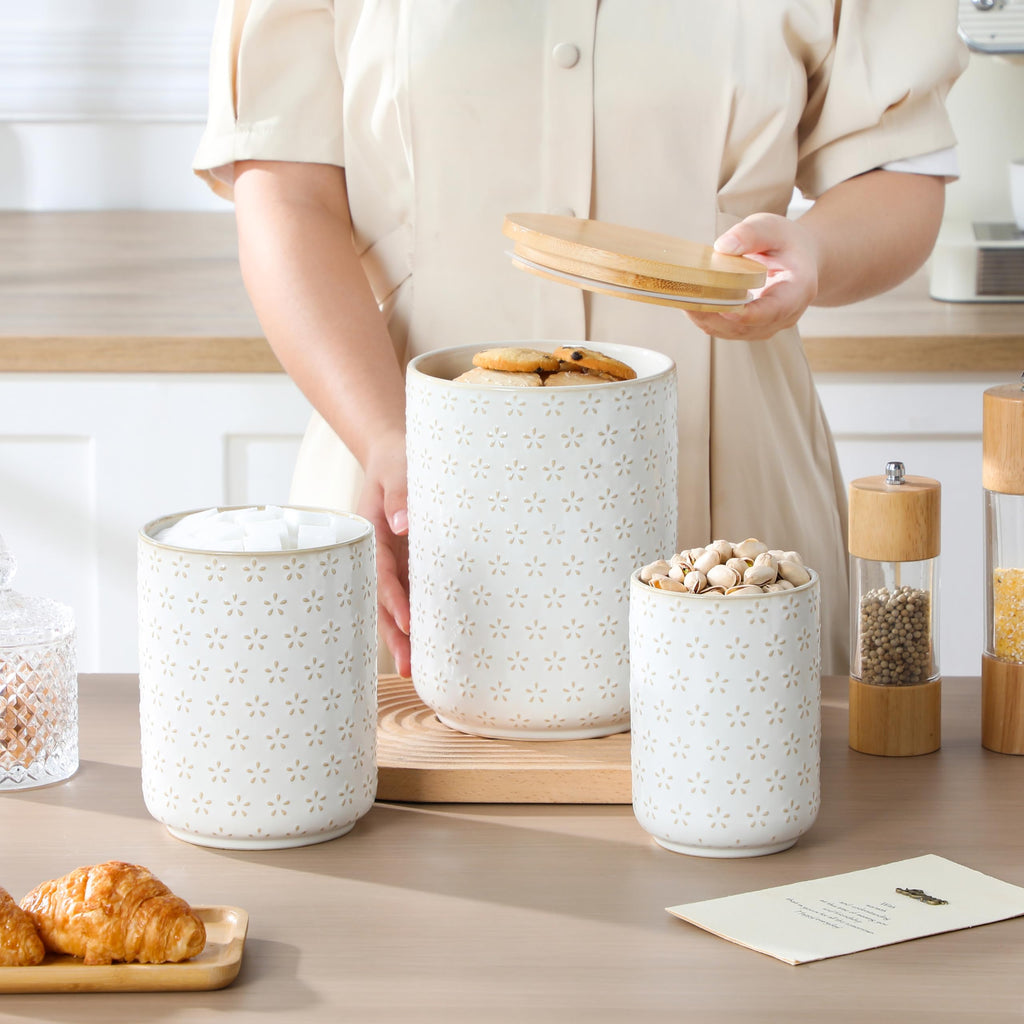 MALACASA LYDIA Ceramic Canister Set of 3 – Hexagon, Airtight Wooden Lids, 20/40/80 oz