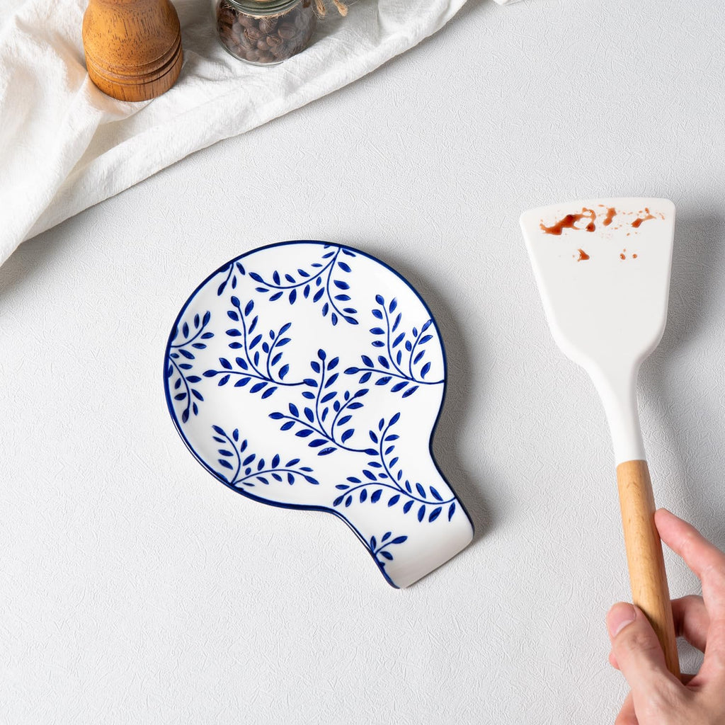 Ceramic Vintage Spoon Rest – 5.5" Blue & White Leaf, Porcelain