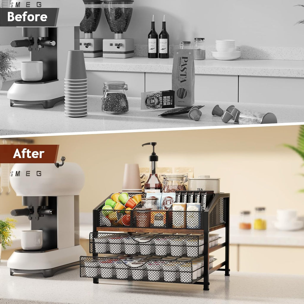 Homsorout Coffee Bar Organizer – Metal & Wood, Black and Brown