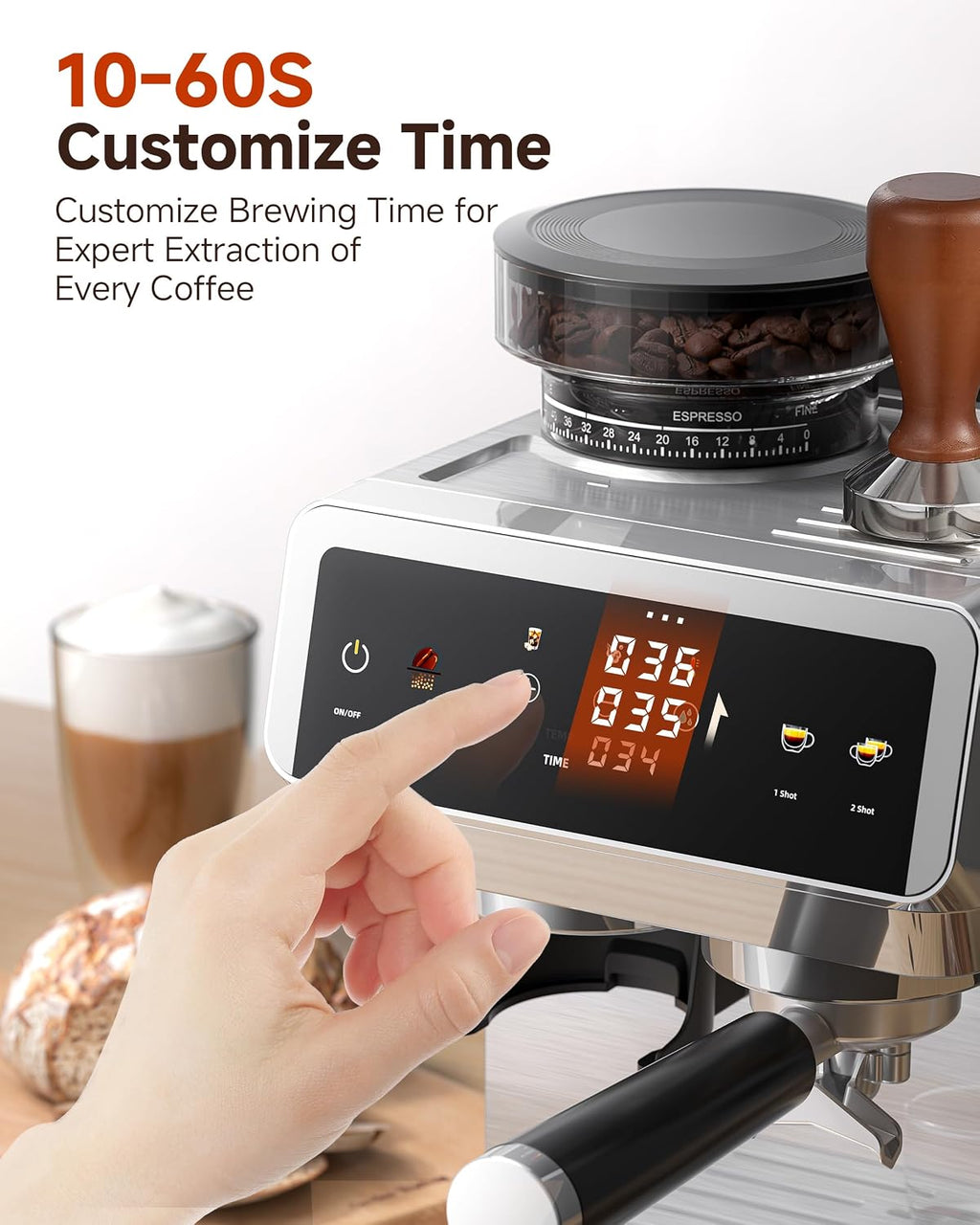 AMZCHEF Espresso Machine with Built-in Grinder – 44 Grind Settings, Temp Control, Milk Frother