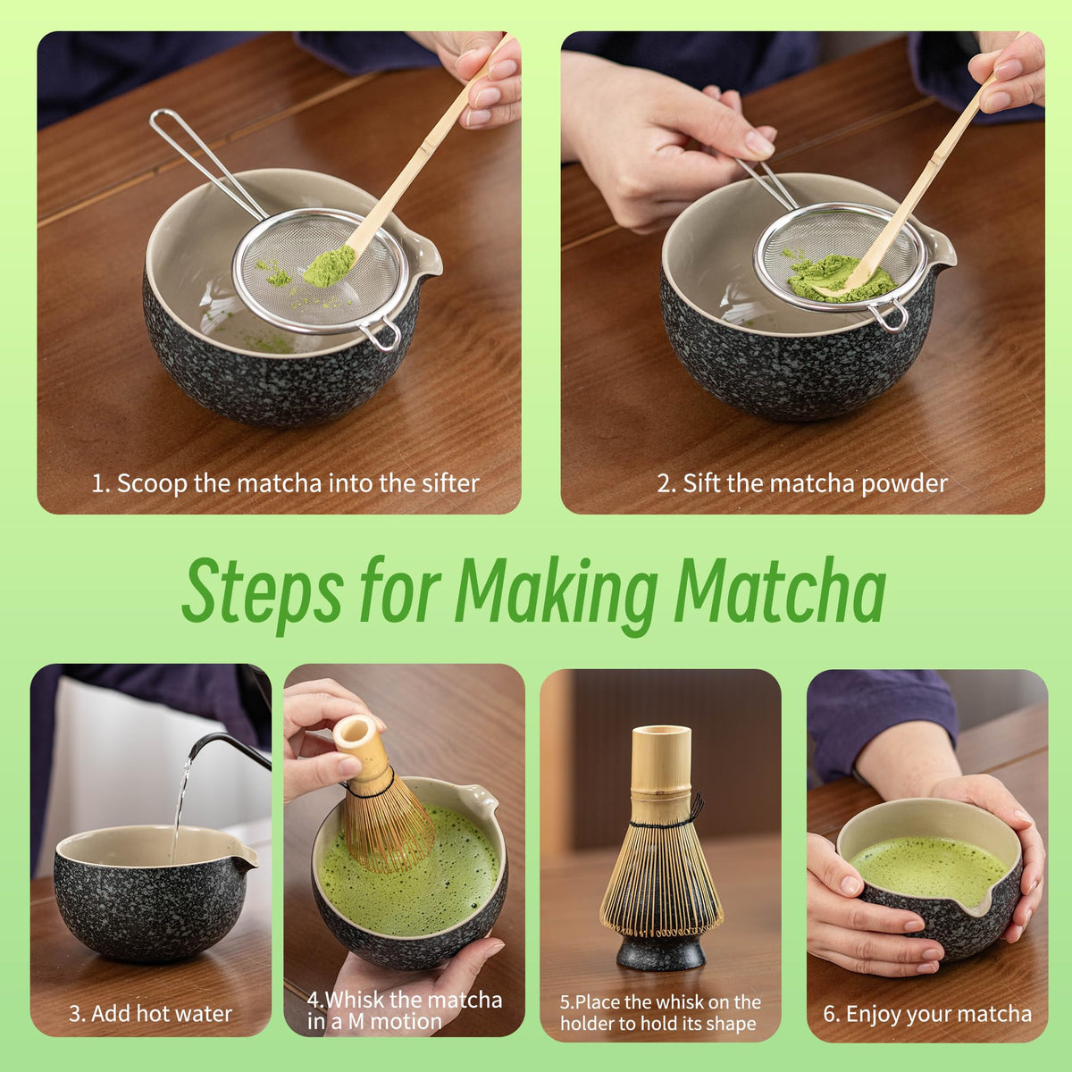 TEANAGOO 7-Piece Black Matcha Set – Ceramic Chawan, Whisk, Holder & Sifter for Ceremony & Latte