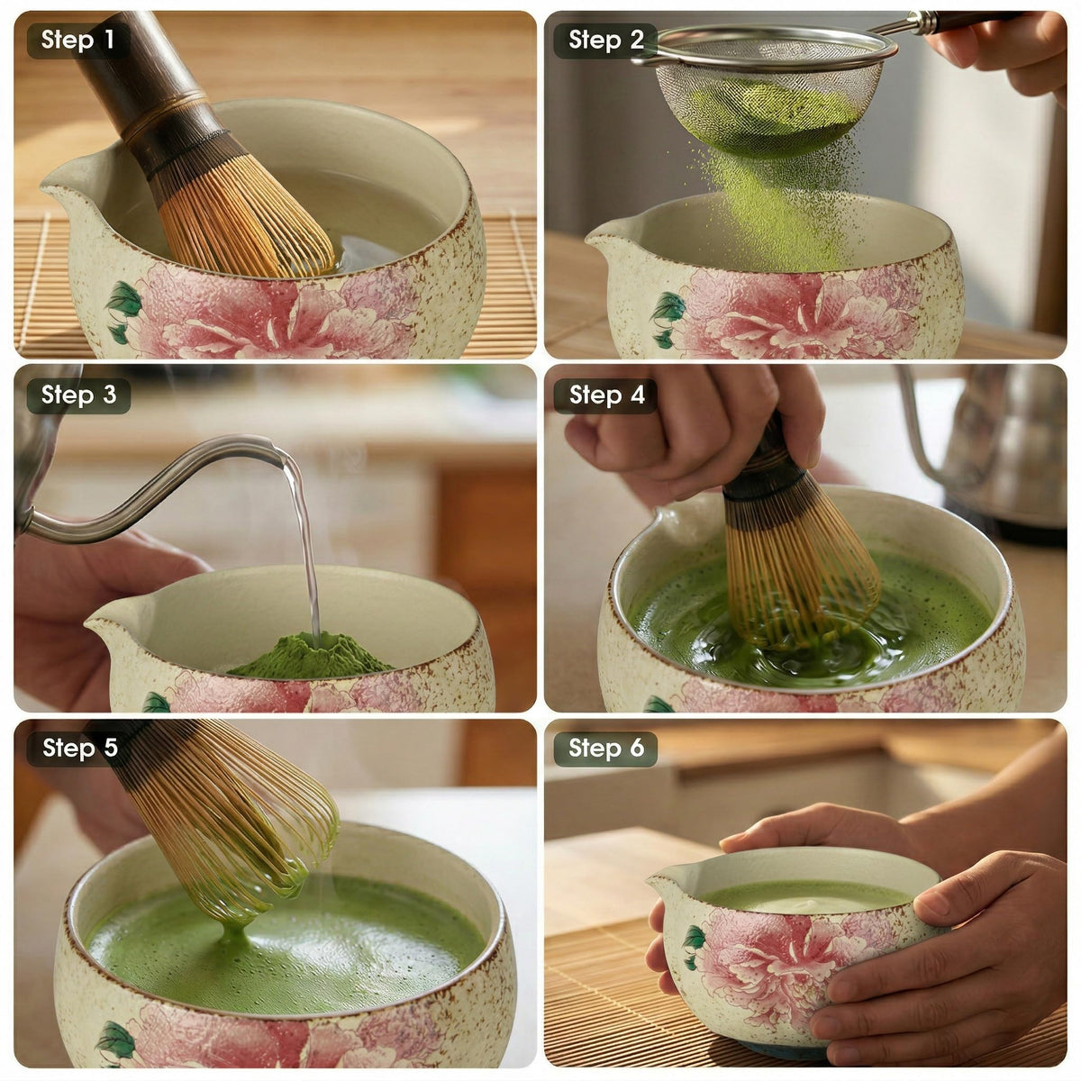 7-Piece Matcha Set – Floral Bowl & Purple Bamboo Whisk