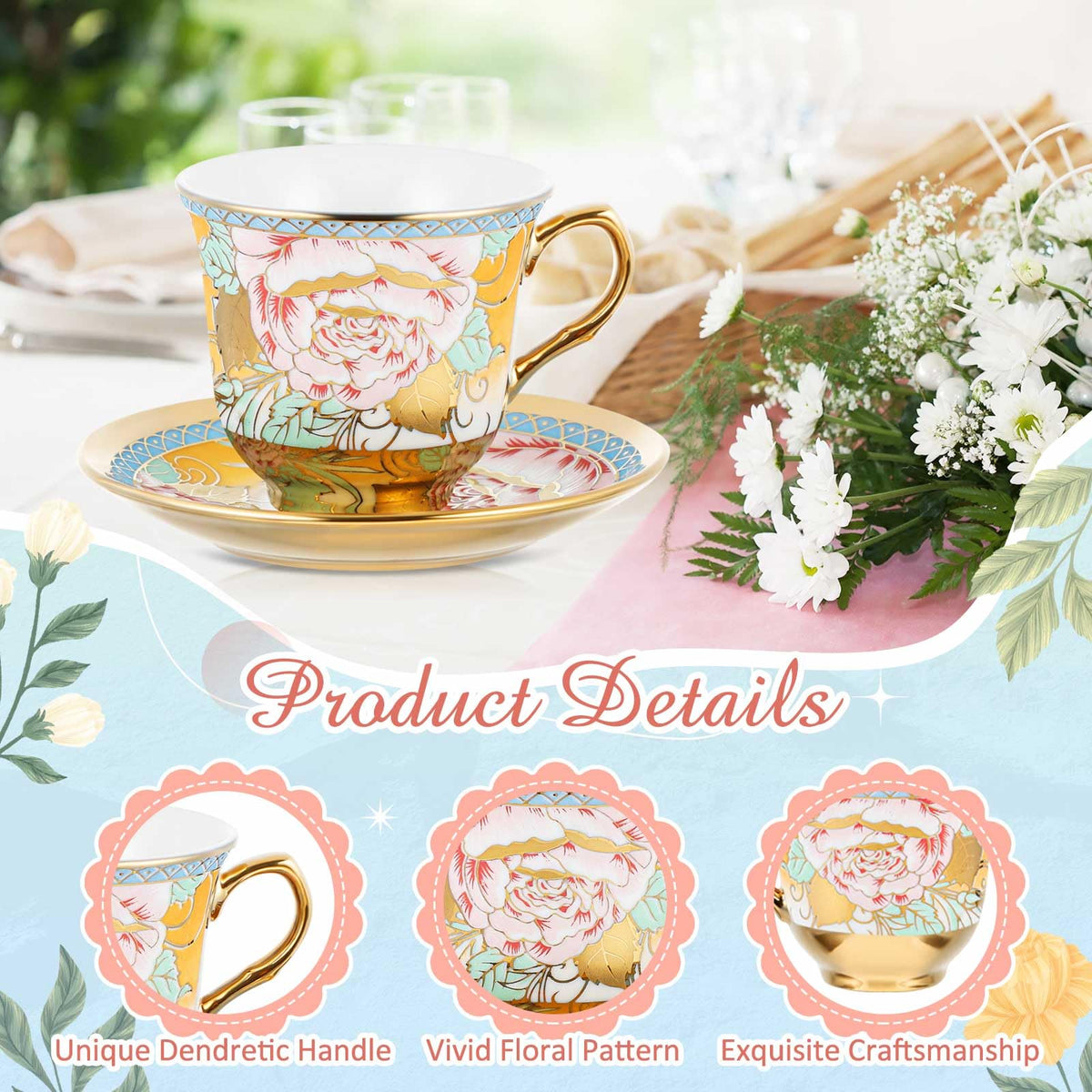 Floral Porcelain Tea Cups & Saucers Set of 18 – 6 Patterns, 5.4 oz