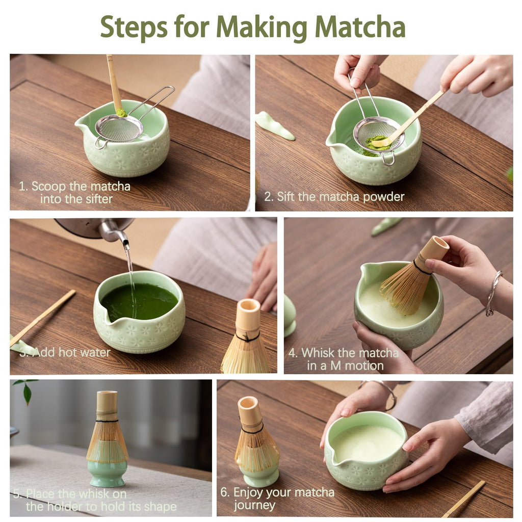 Buucup 7-Piece Green Ceramic Matcha Set – Bowl, Bamboo Whisk, Scoop, Holder, Rest, Sifter & Tea Towel