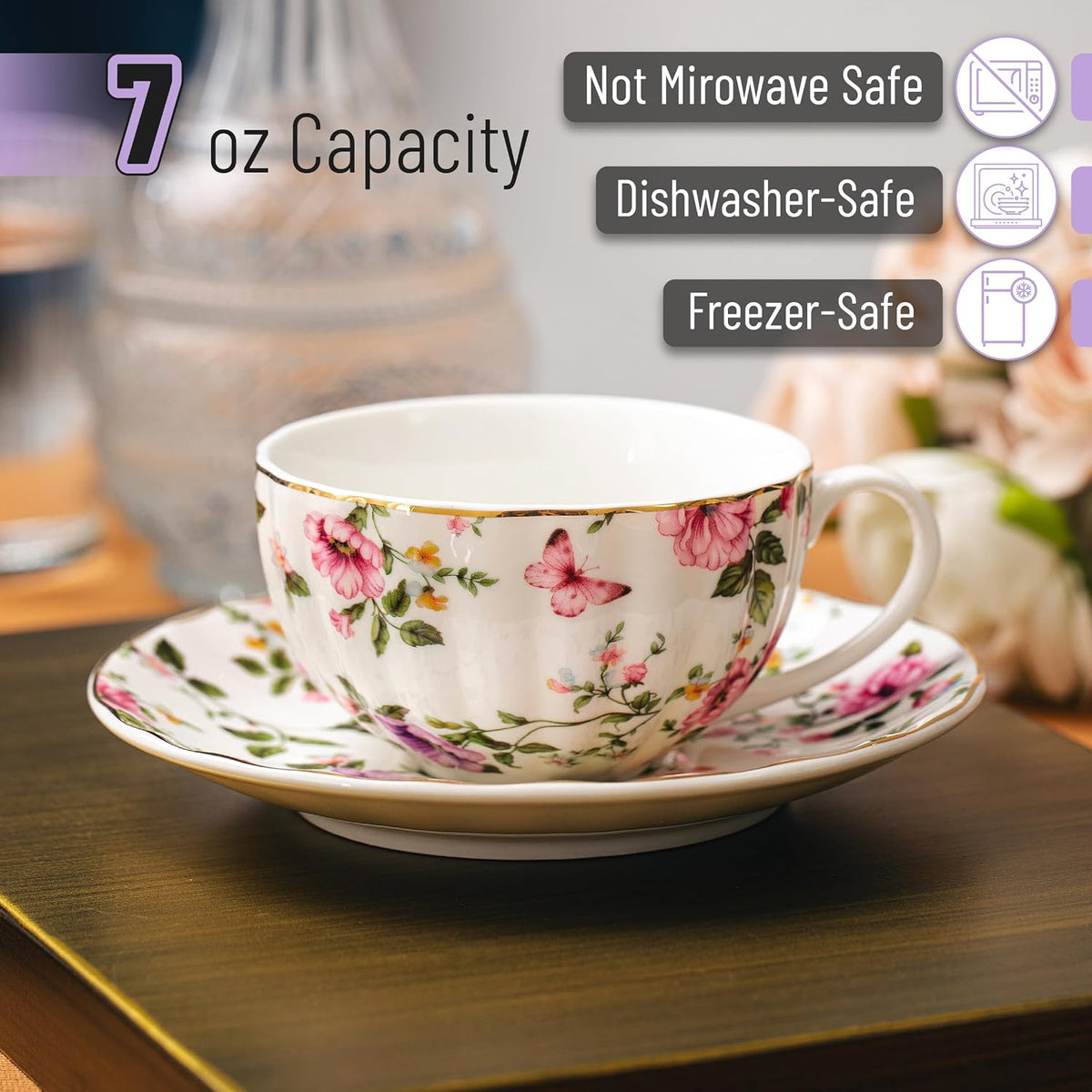 Floral Porcelain Tea Cups & Saucers Set of 6 – Midnight Blue