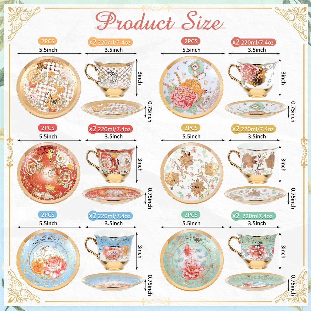 Floral Porcelain Tea Cups & Saucers Set of 18 – 6 Patterns, 5.4 oz
