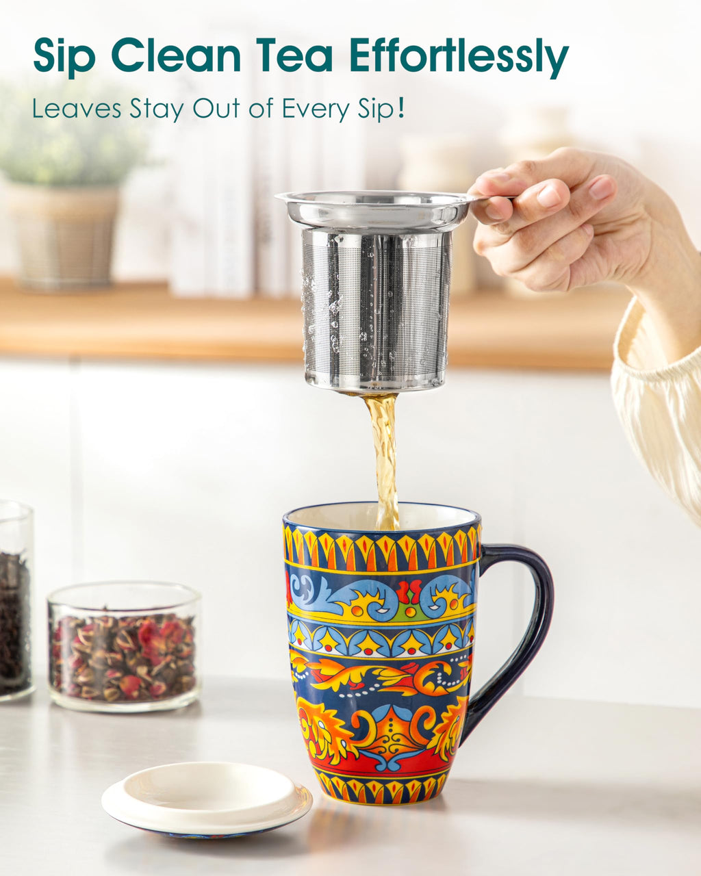 Ceramic Tea Infuser Mug with Lid, 18 oz – Bohemian Forest Daisy Pattern, Microwave & Dishwasher Safe