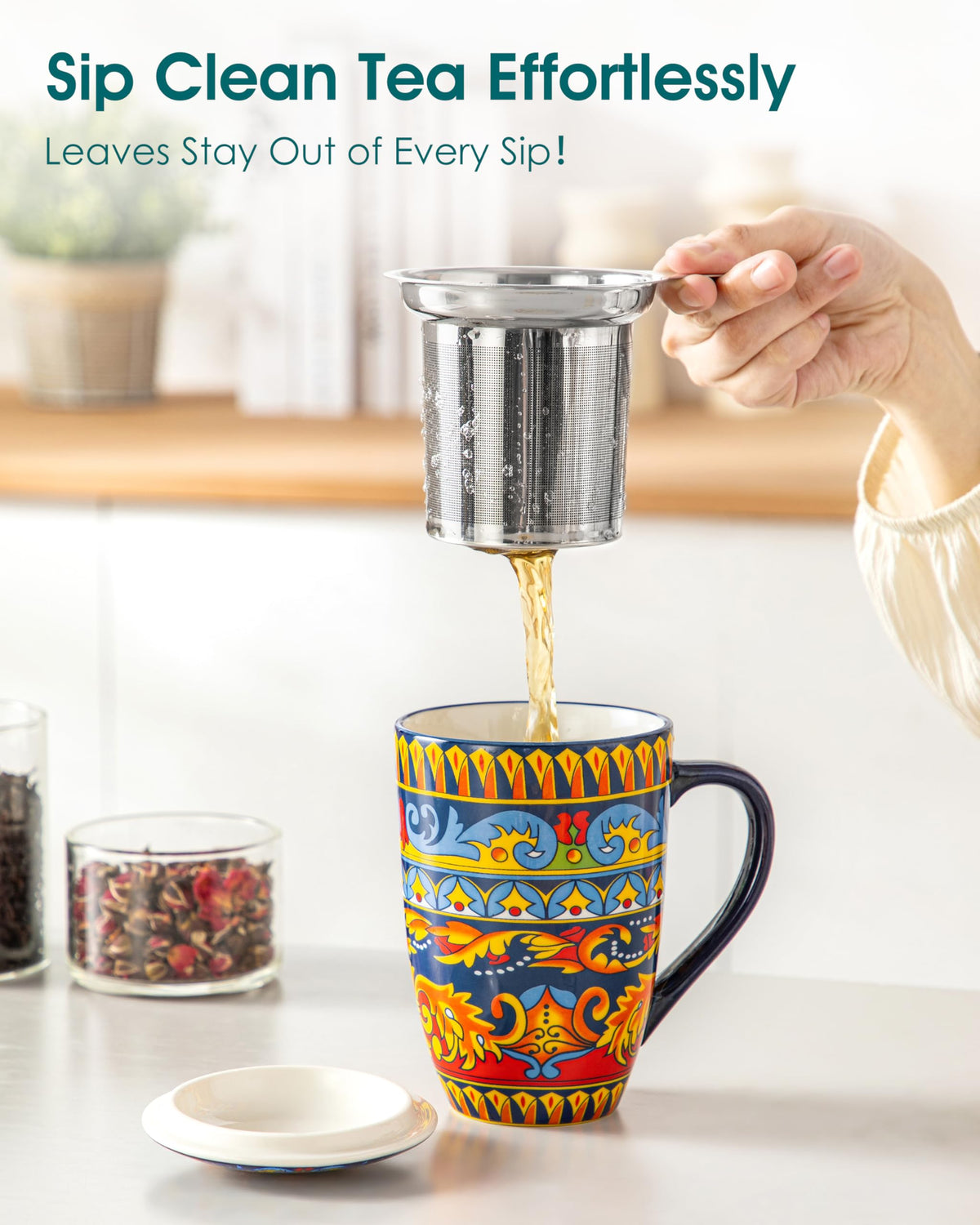 Ceramic Tea Infuser Mug with Lid, 18 oz – Bohemian Forest Daisy Pattern, Microwave & Dishwasher Safe