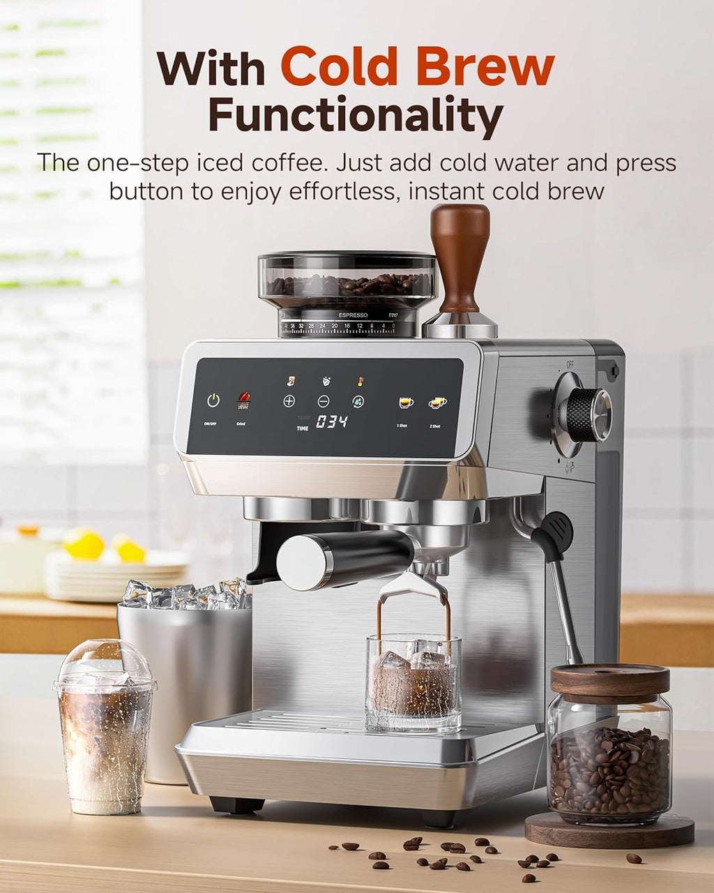 AMZCHEF Espresso Machine with Built-in Grinder – 44 Grind Settings, Temp Control, Milk Frother